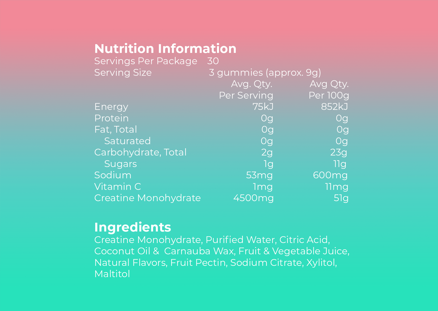 Gymmies Creatine Monohydrate Gummies Nutrition Panel Gluten Free and Vegan