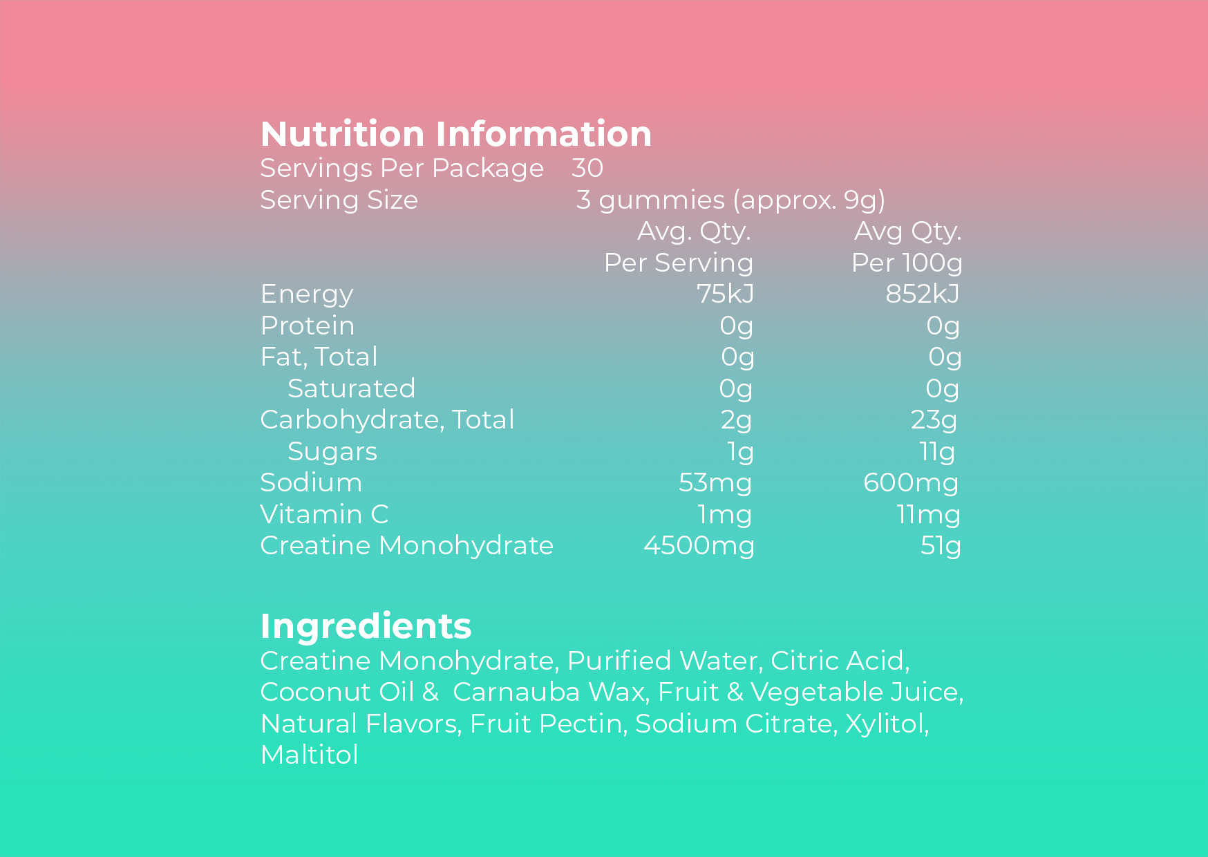 Gymmies Creatine Monohydrate Gummies Nutrition Panel Gluten Free and Vegan